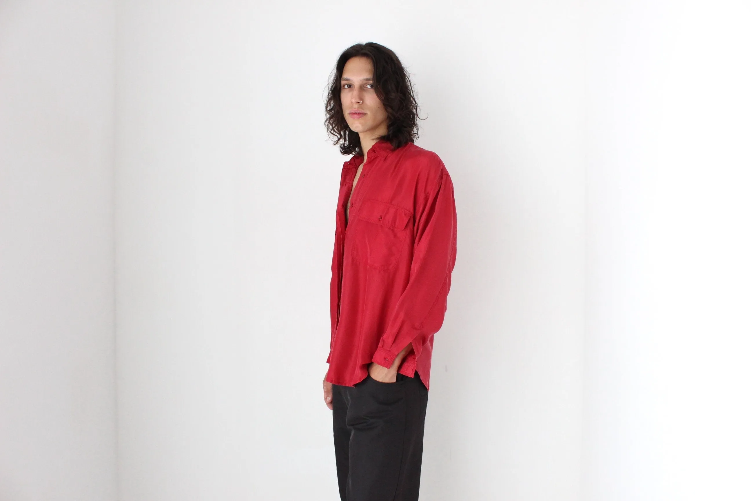 80s PURE SILK Double Pocket Long Sleeve Shirt in Red