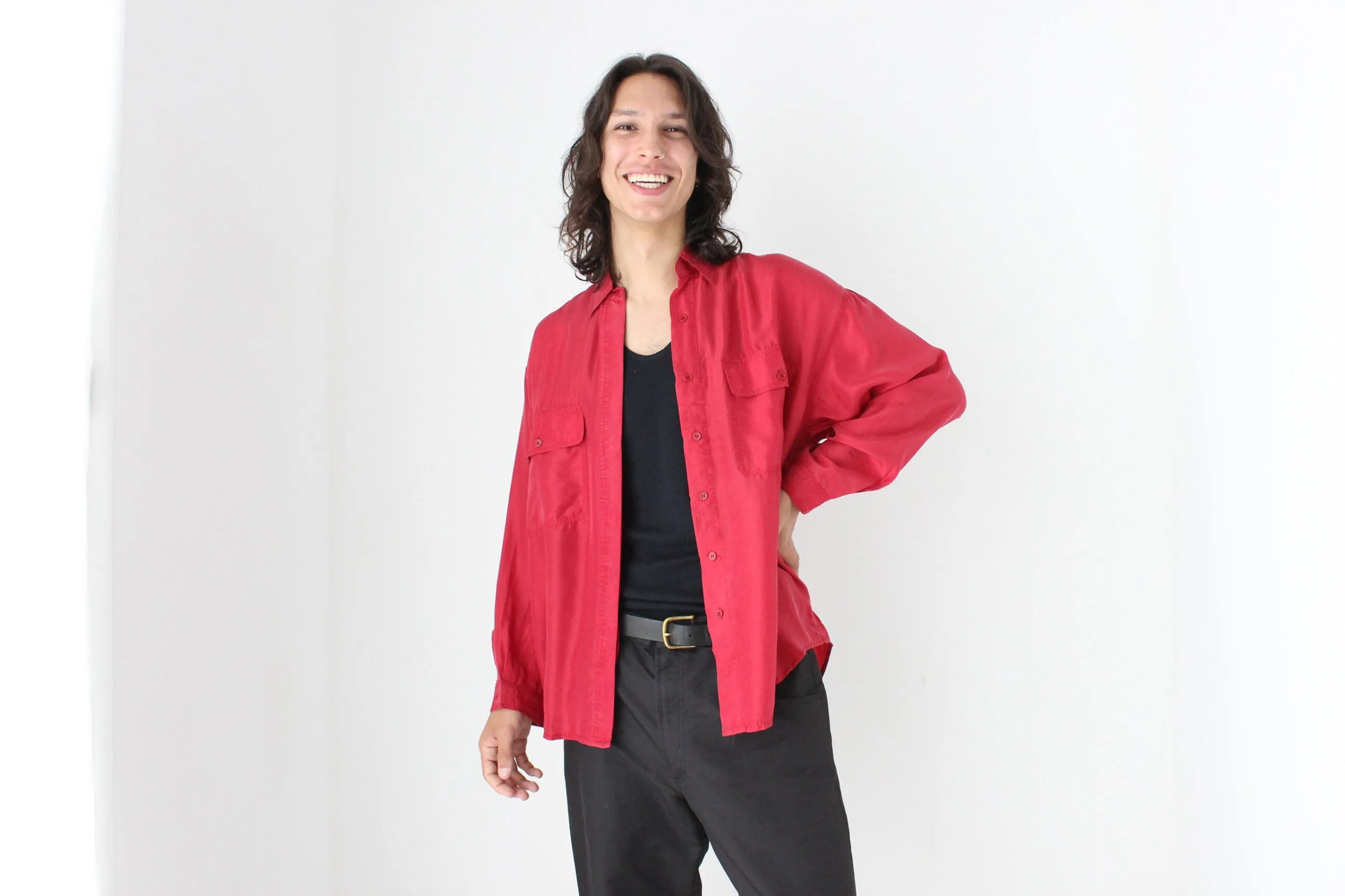 80s PURE SILK Double Pocket Long Sleeve Shirt in Red