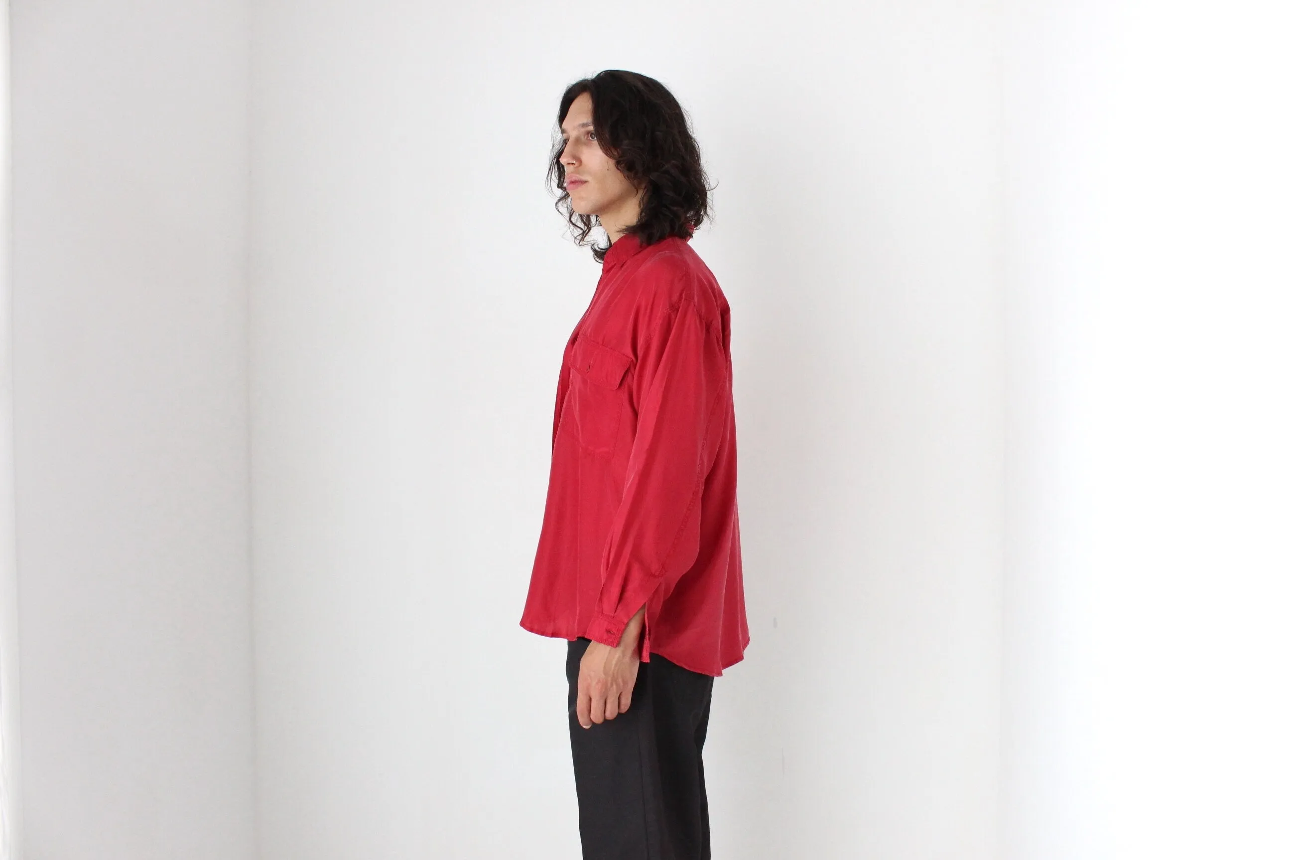 80s PURE SILK Double Pocket Long Sleeve Shirt in Red