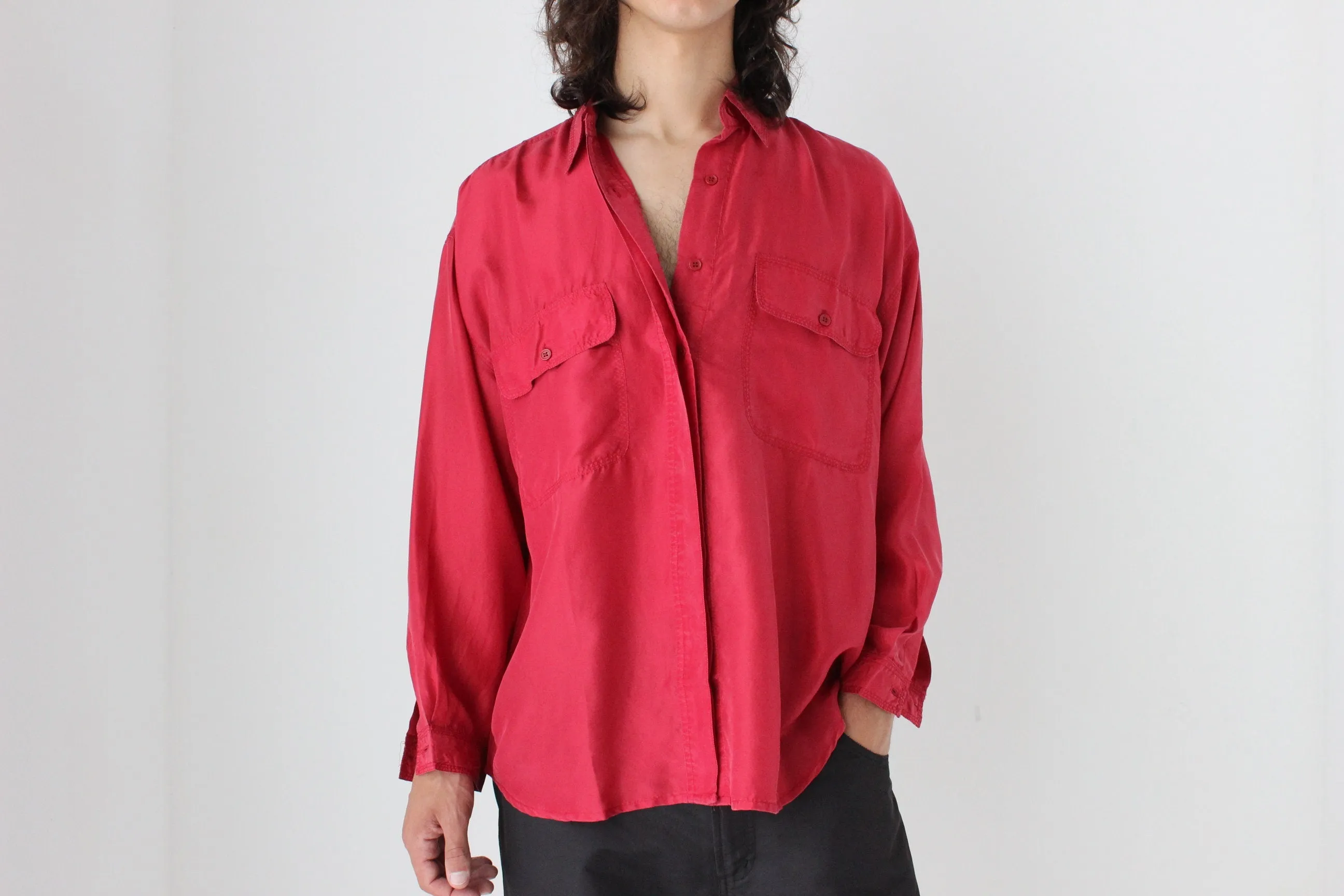 80s PURE SILK Double Pocket Long Sleeve Shirt in Red