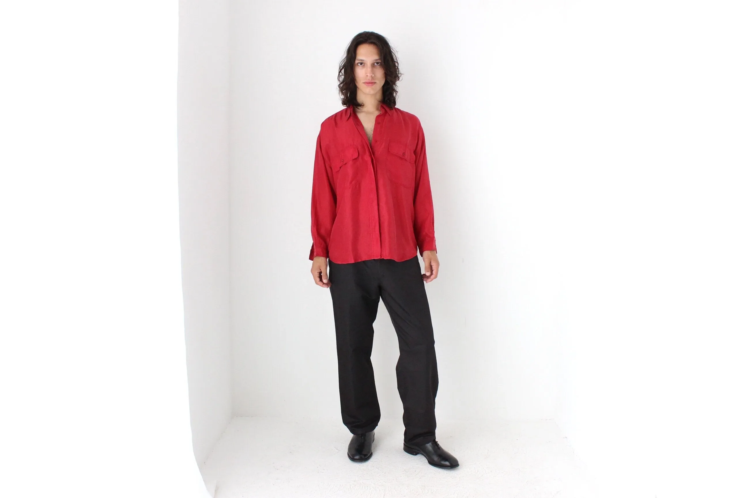 80s PURE SILK Double Pocket Long Sleeve Shirt in Red