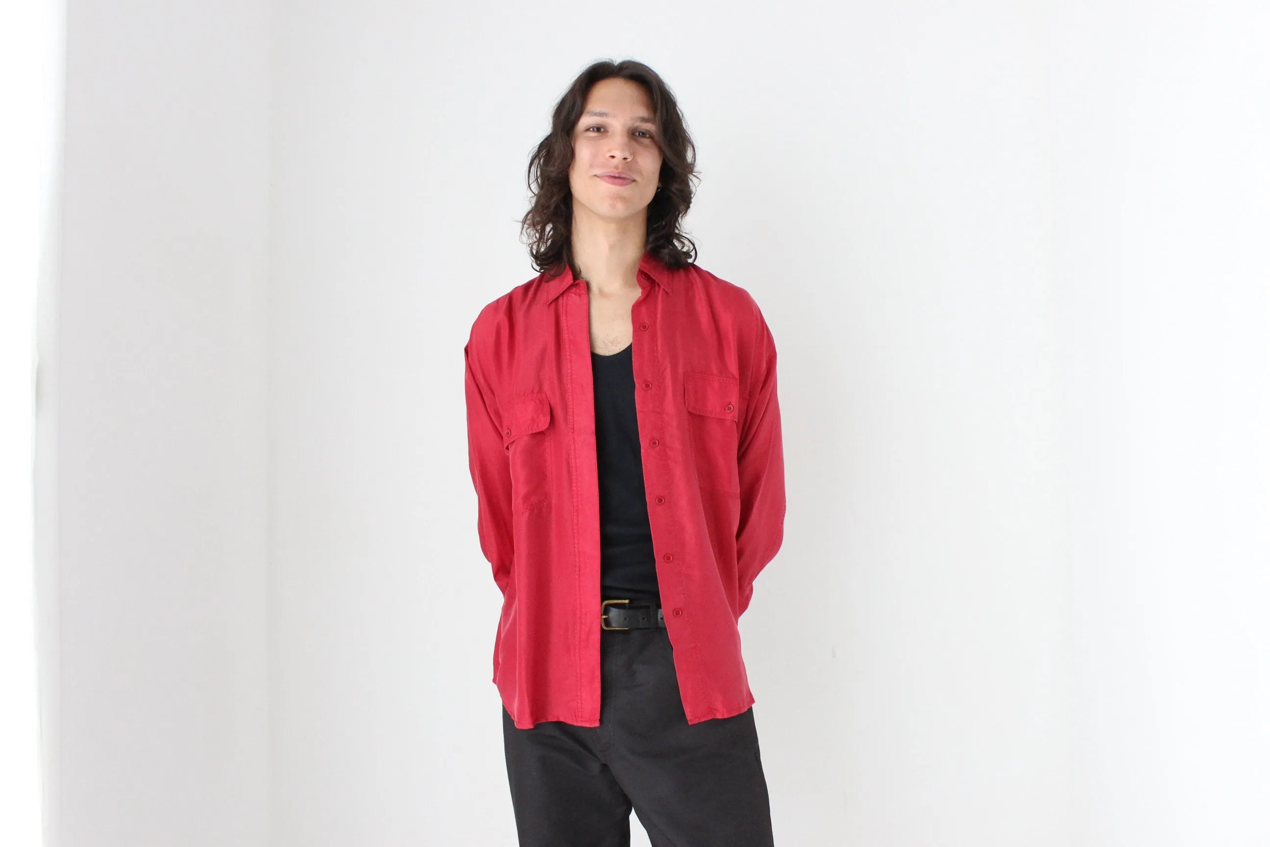 80s PURE SILK Double Pocket Long Sleeve Shirt in Red