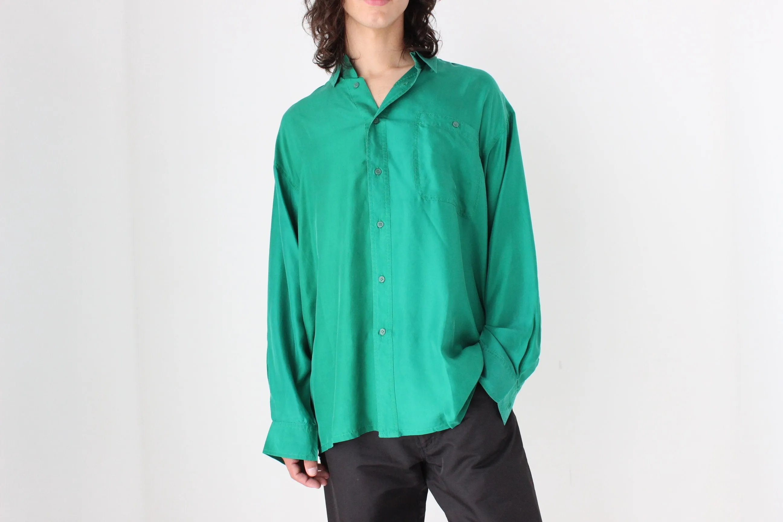 80s PURE SILK Relaxed Long Sleeve Shirt in Emerald