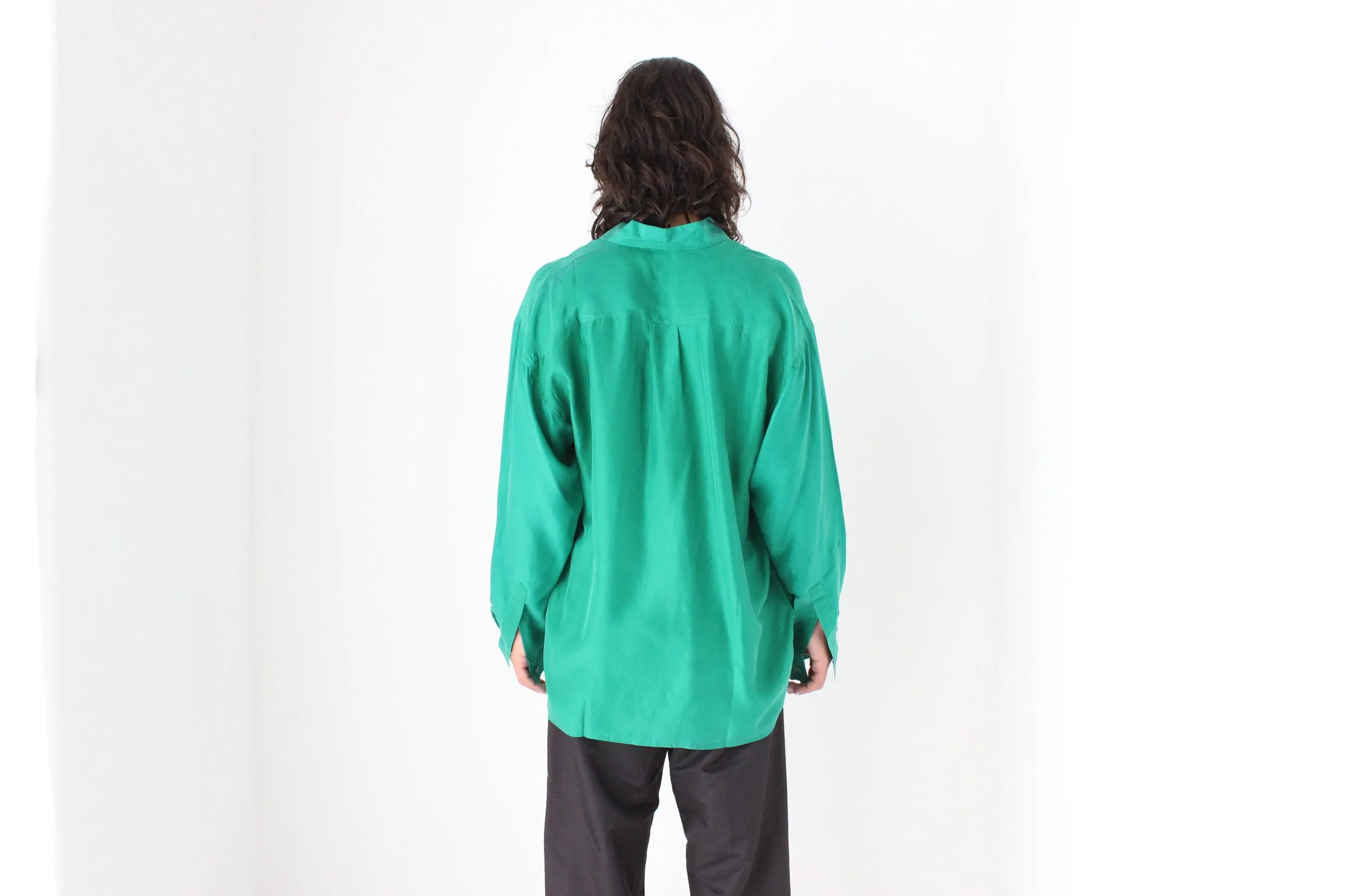80s PURE SILK Relaxed Long Sleeve Shirt in Emerald