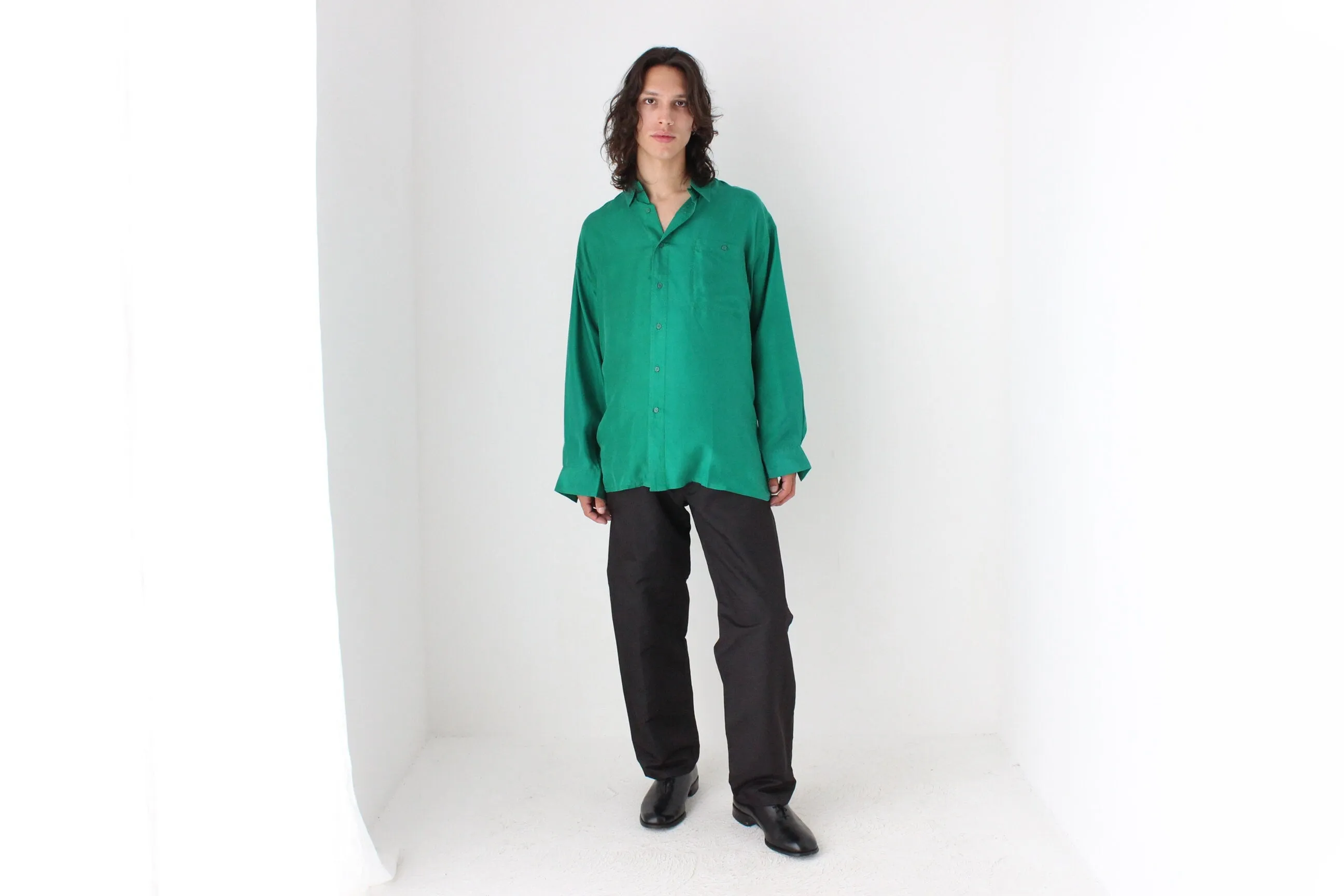 80s PURE SILK Relaxed Long Sleeve Shirt in Emerald