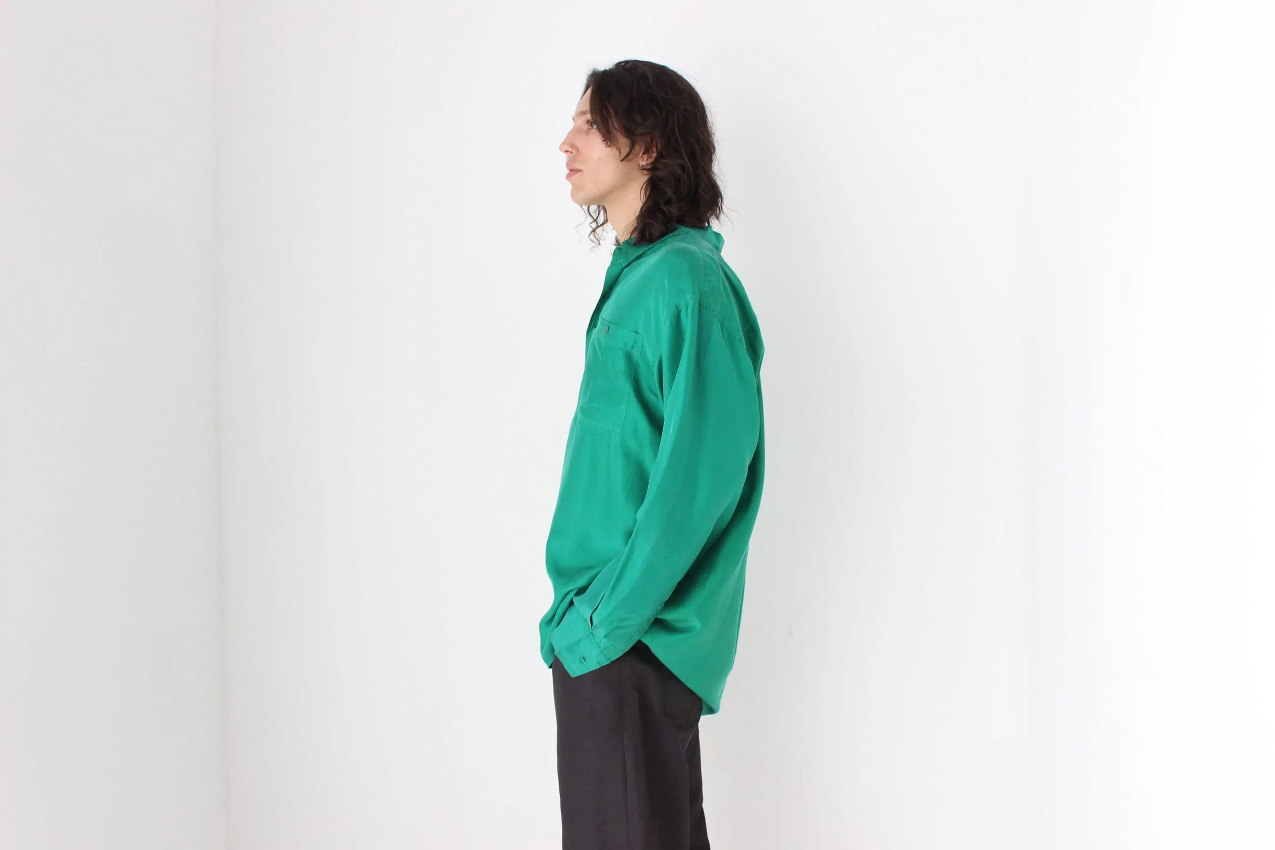 80s PURE SILK Relaxed Long Sleeve Shirt in Emerald