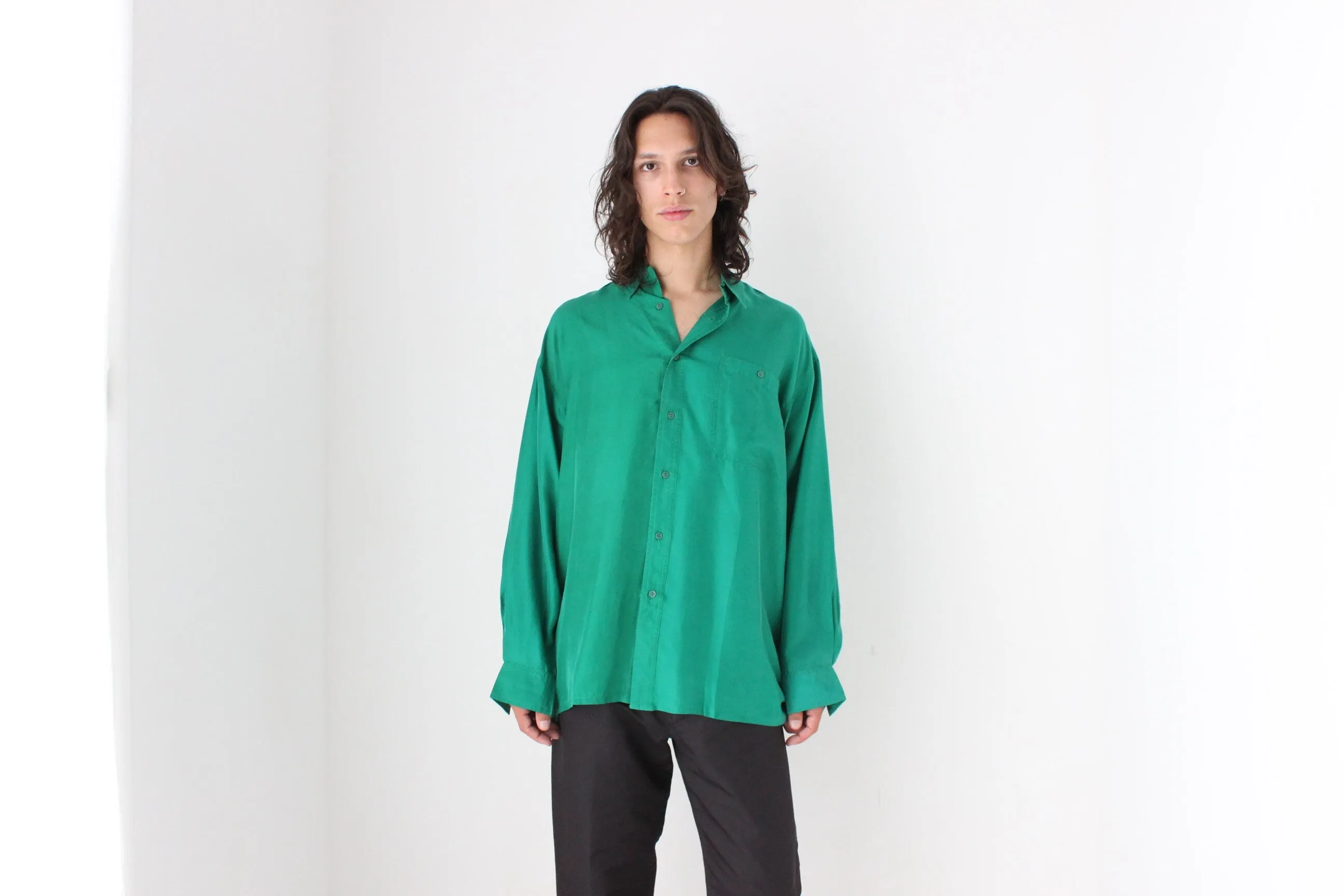 80s PURE SILK Relaxed Long Sleeve Shirt in Emerald