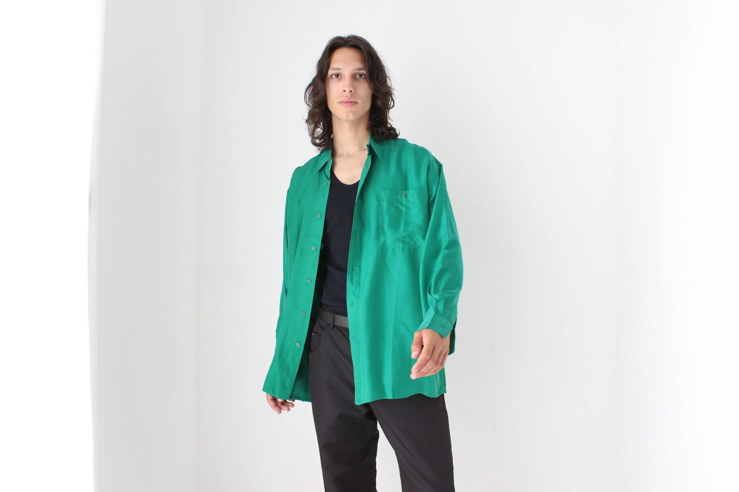 80s PURE SILK Relaxed Long Sleeve Shirt in Emerald
