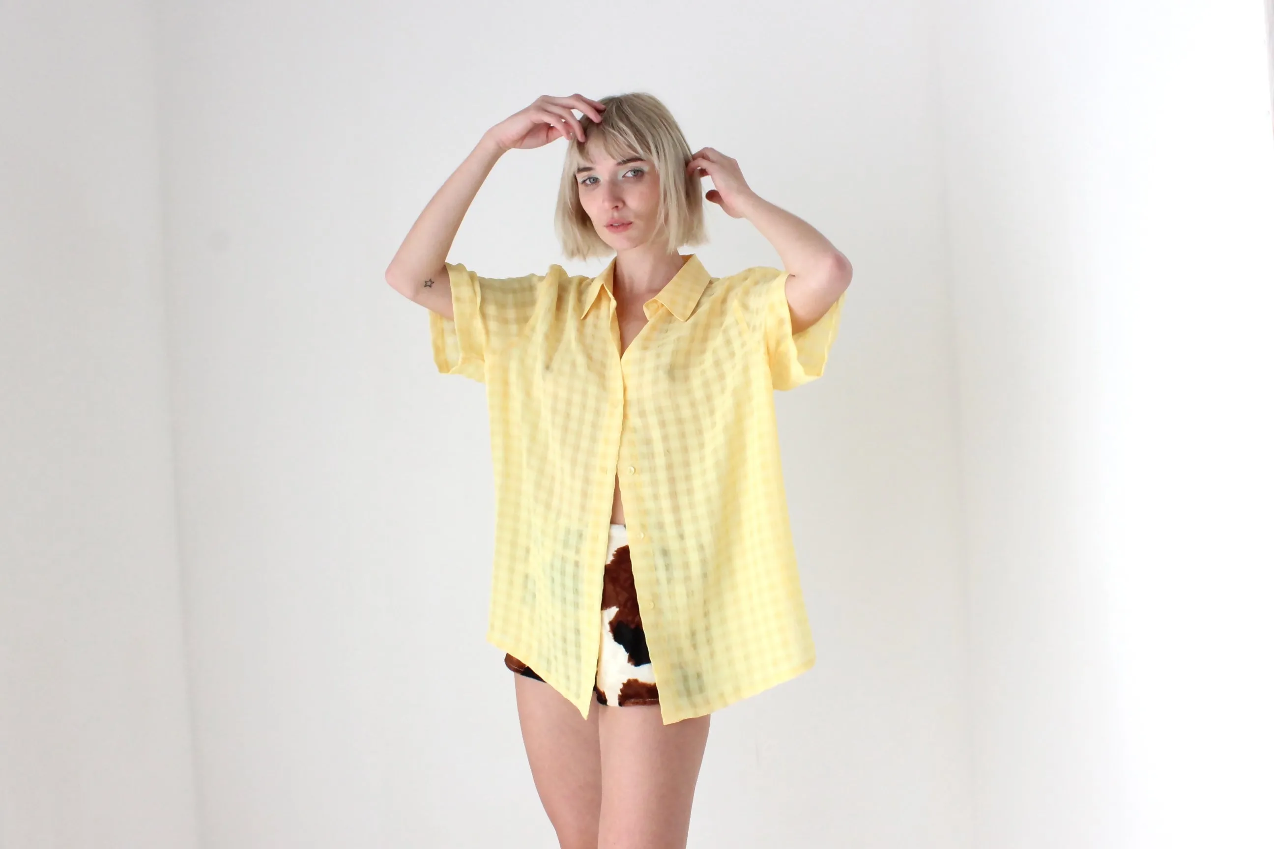 80s Semi Sheer Lemon Gingham Boxy Shirt