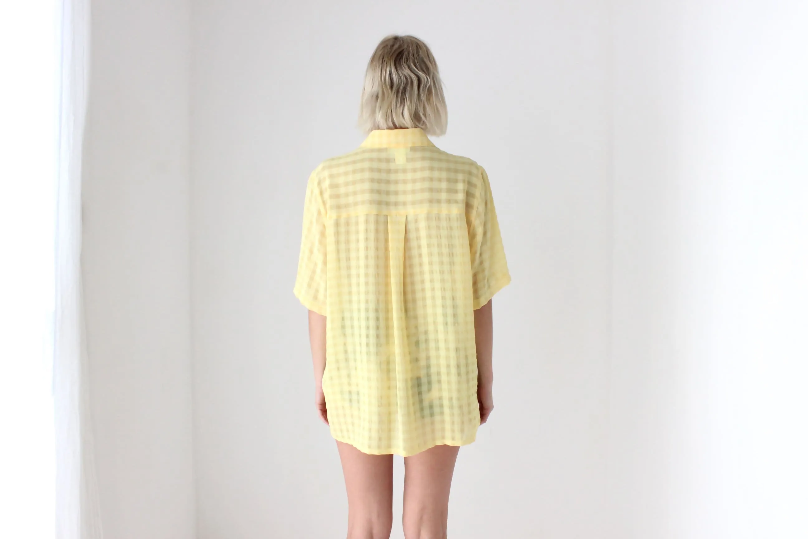 80s Semi Sheer Lemon Gingham Boxy Shirt