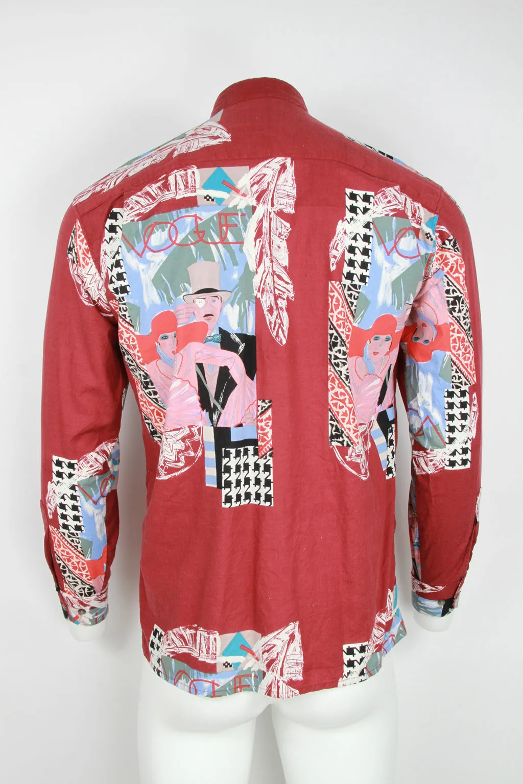90s Long sleeve rayon shirt - Red Vogue pattern - M