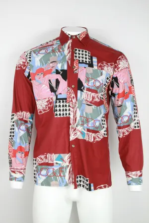 90s Long sleeve rayon shirt - Red Vogue pattern - M