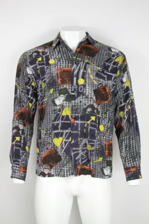 90s Long sleeve viscose shirt - Grey with graffiti and people collage - M