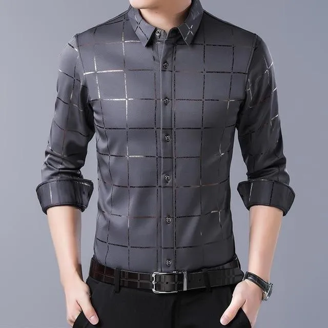 Angelo Ricci™ Brand Luxury Plaid Long Sleeve Slim Fit Dress Shirt