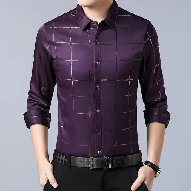 Angelo Ricci™ Brand Luxury Plaid Long Sleeve Slim Fit Dress Shirt