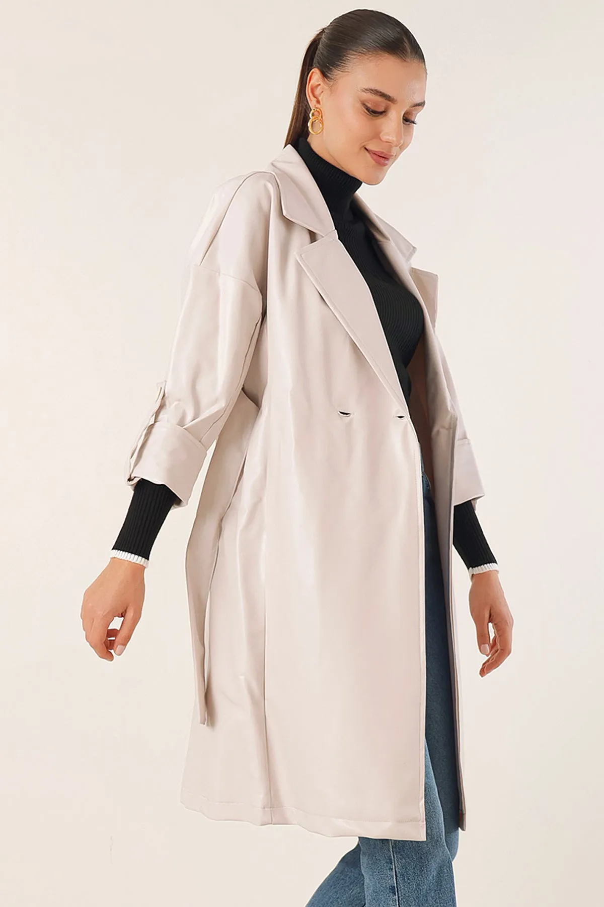 BGD Women Belted Faux Leather Trench Coat - Ecru - Avondale