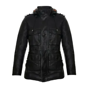 Black Classic Hooded Leather Trench Overcoat