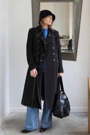 Black Contrast Stitch Tailored Trench Coat