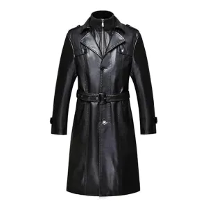 Black Double Collar Long Trench Genuine Leather Coat