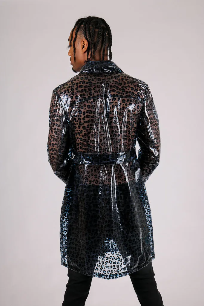 Blue Leopard Transparent  Vinyl Trench Coat