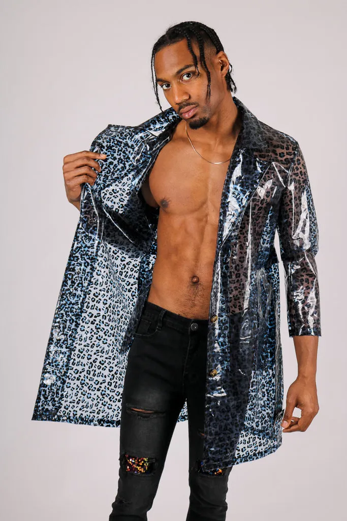 Blue Leopard Transparent  Vinyl Trench Coat