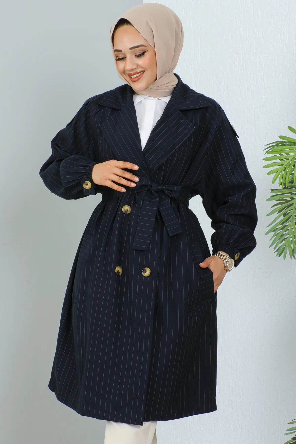 BNG Women Striped Trench Coat Navy - Clermont