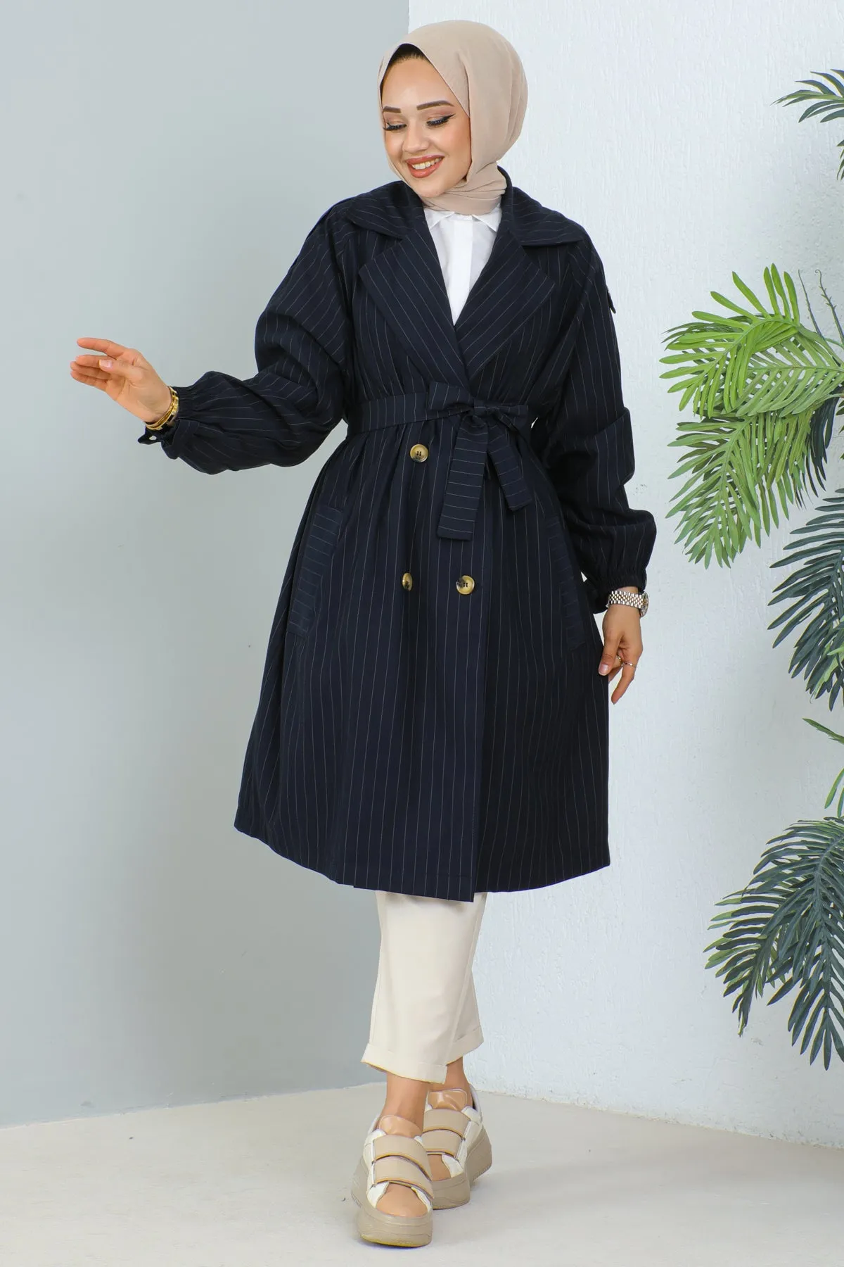 BNG Women Striped Trench Coat Navy - Clermont