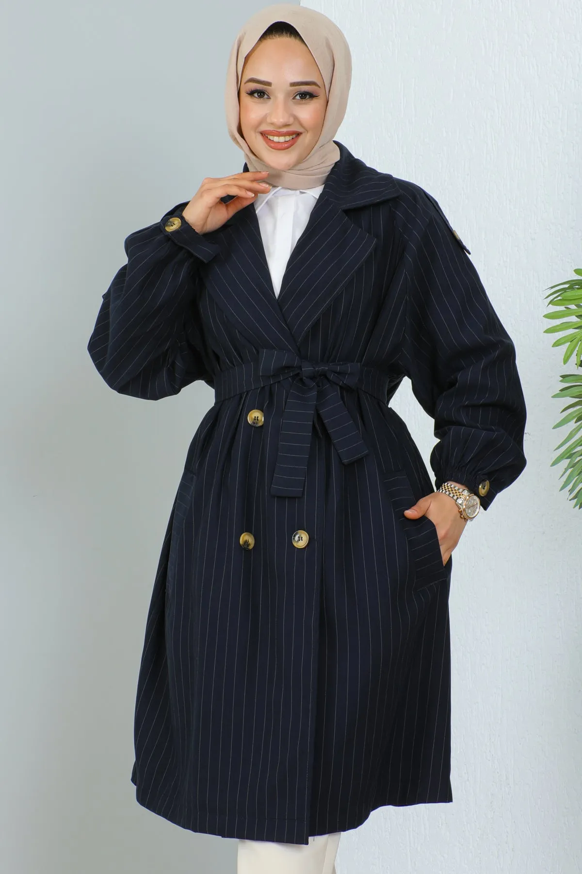 BNG Women Striped Trench Coat Navy - Clermont