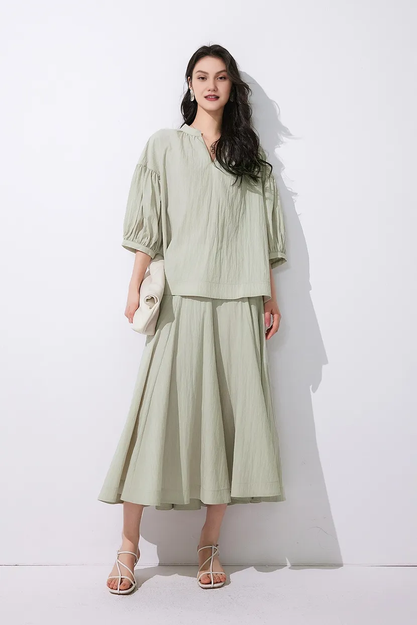 Collarless V Neck T Shirt with Pleated Sleeves