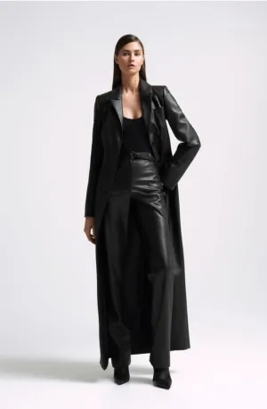 Furro Black Leather Long Trench Coat Women Outfit