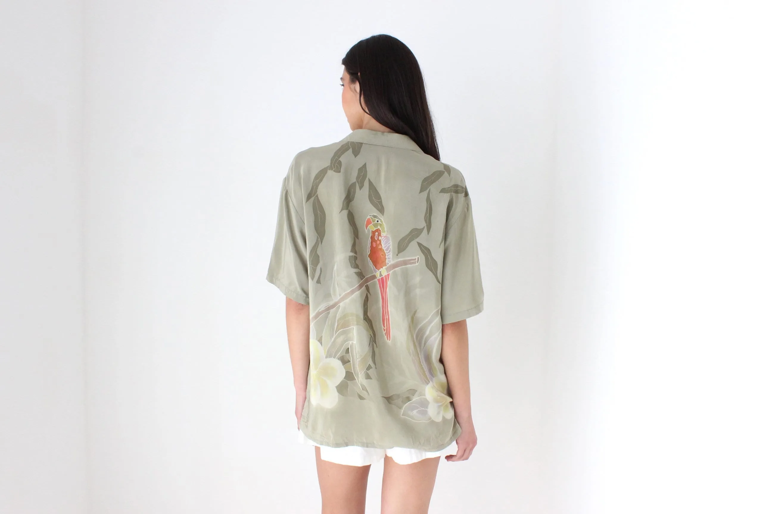 Handpainted 90s Batik Tropical Parrot Boxy Silk Shirt