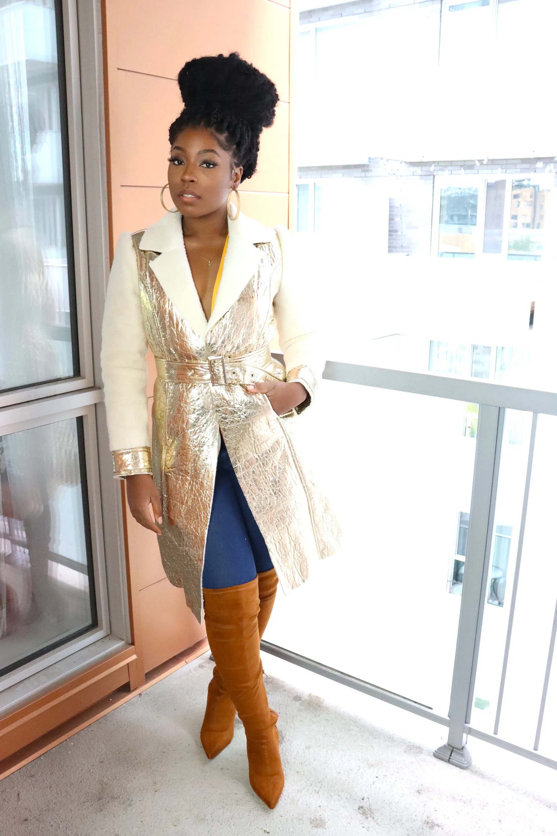 Metallic GOLD Foil Belted Long Coat