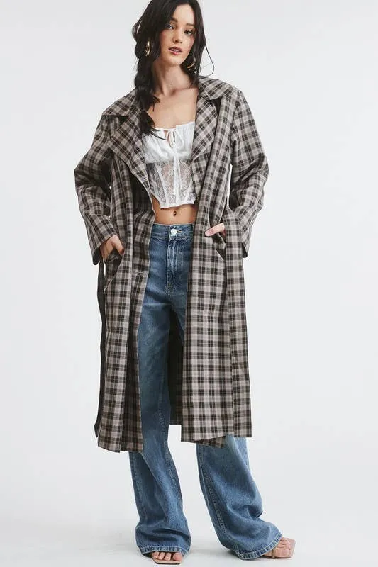 PLAID LONG TRENCH COAT
