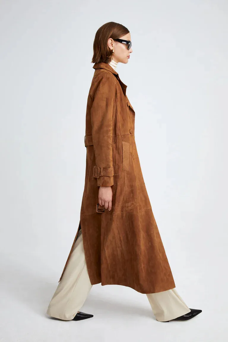 Sassy Suede Leather Long Trench Coat Women Outfit