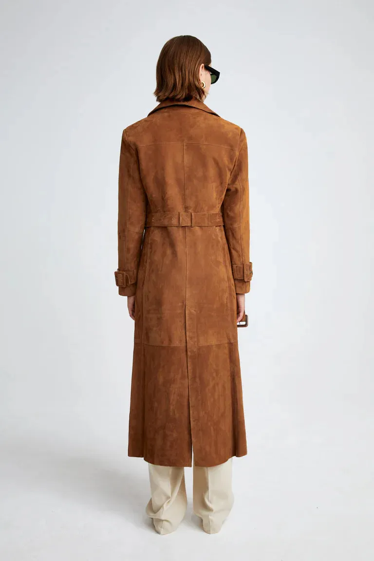 Sassy Suede Leather Long Trench Coat Women Outfit