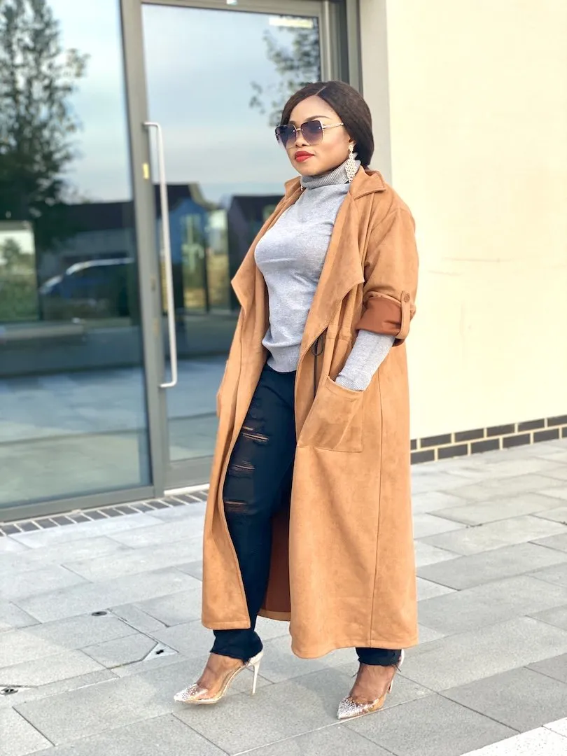 Suede Wrap Over Tie Waist Coat