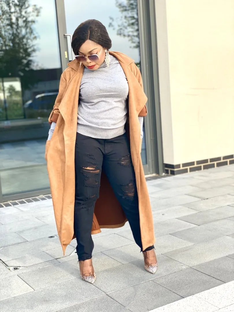 Suede Wrap Over Tie Waist Coat