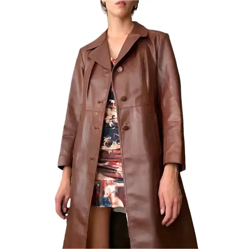 Vintage Chocolate Brown Leather Trench Coat – Classic & Stylish
