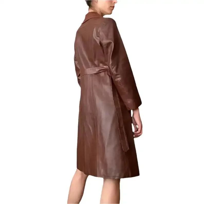 Vintage Chocolate Brown Leather Trench Coat – Classic & Stylish