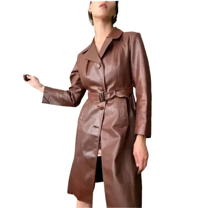 Vintage Chocolate Brown Leather Trench Coat – Classic & Stylish