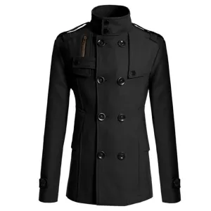 Voguable Winter New British Style Wool Coat Men Double Breasted Mens Overcoat Stand Collar Slim Fit Trench Coat Outwear Windbreaker